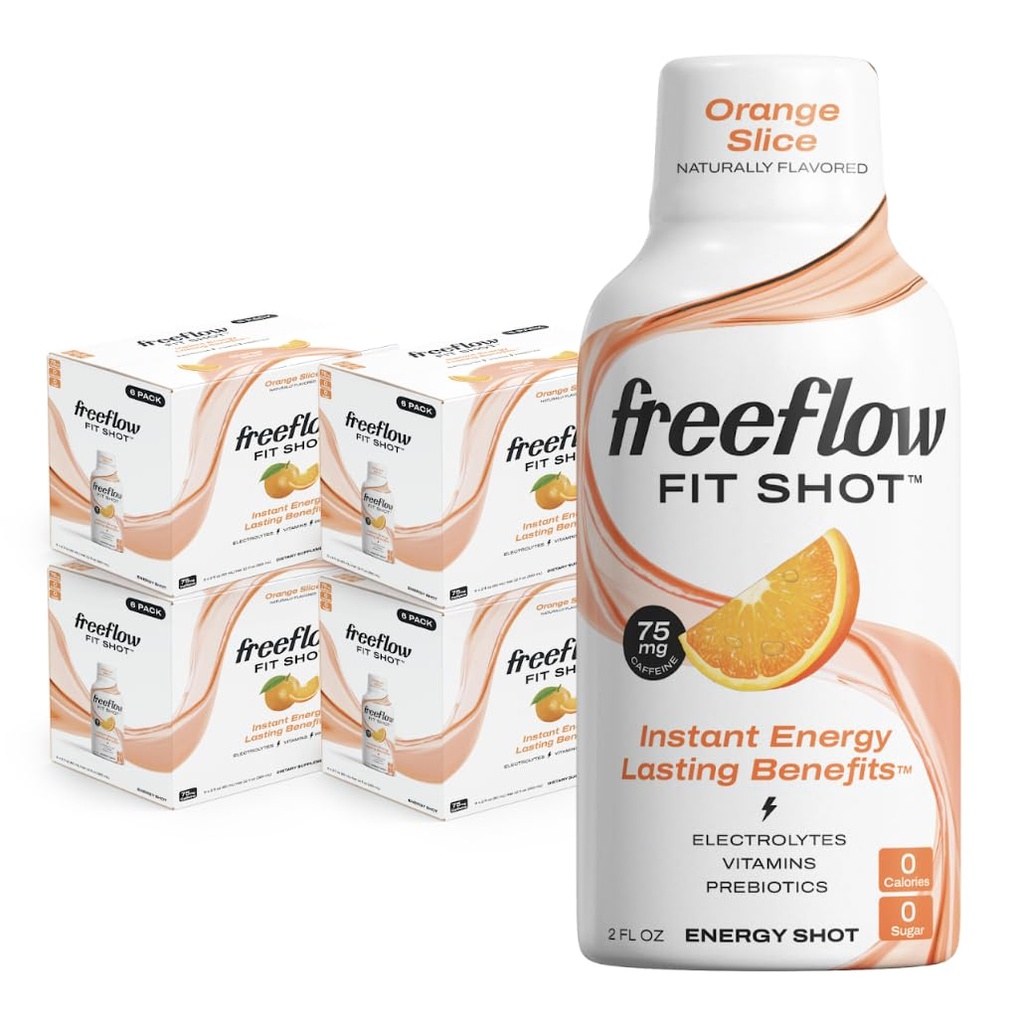 Freeflow Fit Energy Shots, Orange Slice, L-theanine, Ginseng, Vitamins, Prebiotics, Electrolytes (24 카운트, 2oz 샷)