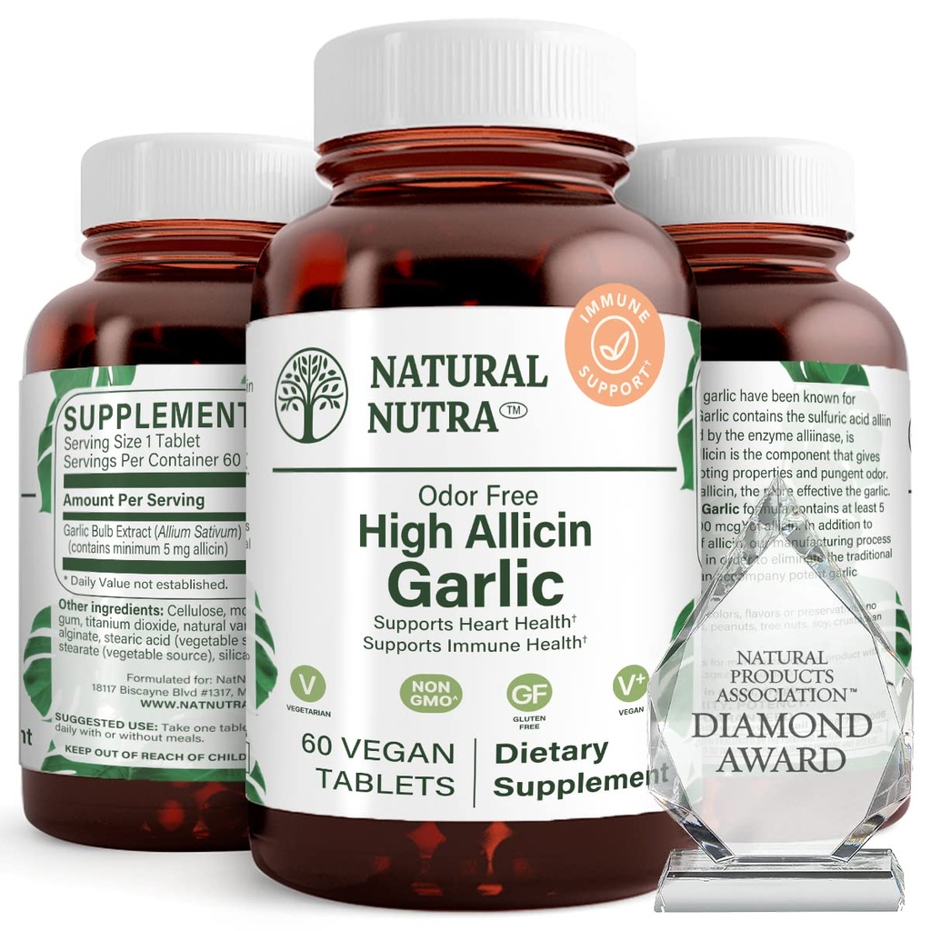 자연적인 Nutra 높은 Allicin 마늘 보충교재, 지원 면역 체계, 개량 심장 건강, 개량 효소 건강, 더 나은 소화, 전투 감기 및 독감, 바닐라 코팅, 500mg의 60의 채식주의자 정제