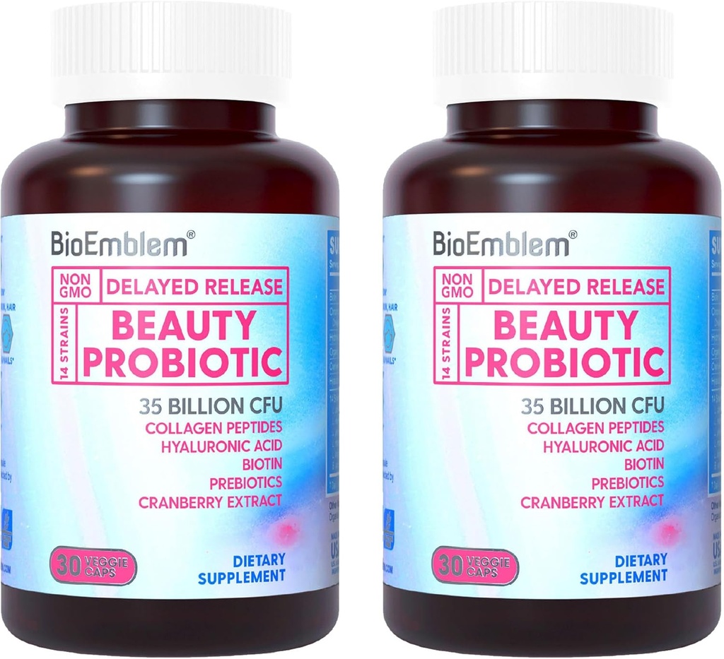 BioEmblem Beauty Probiotics for Women, Biotin, Collagen, Digestive Health, Hair Skin 및 Nails, Vaginal Probiotics 보충교재, 선반 안정, 60의 모자를 가진 35 억 CFU 14 Strains