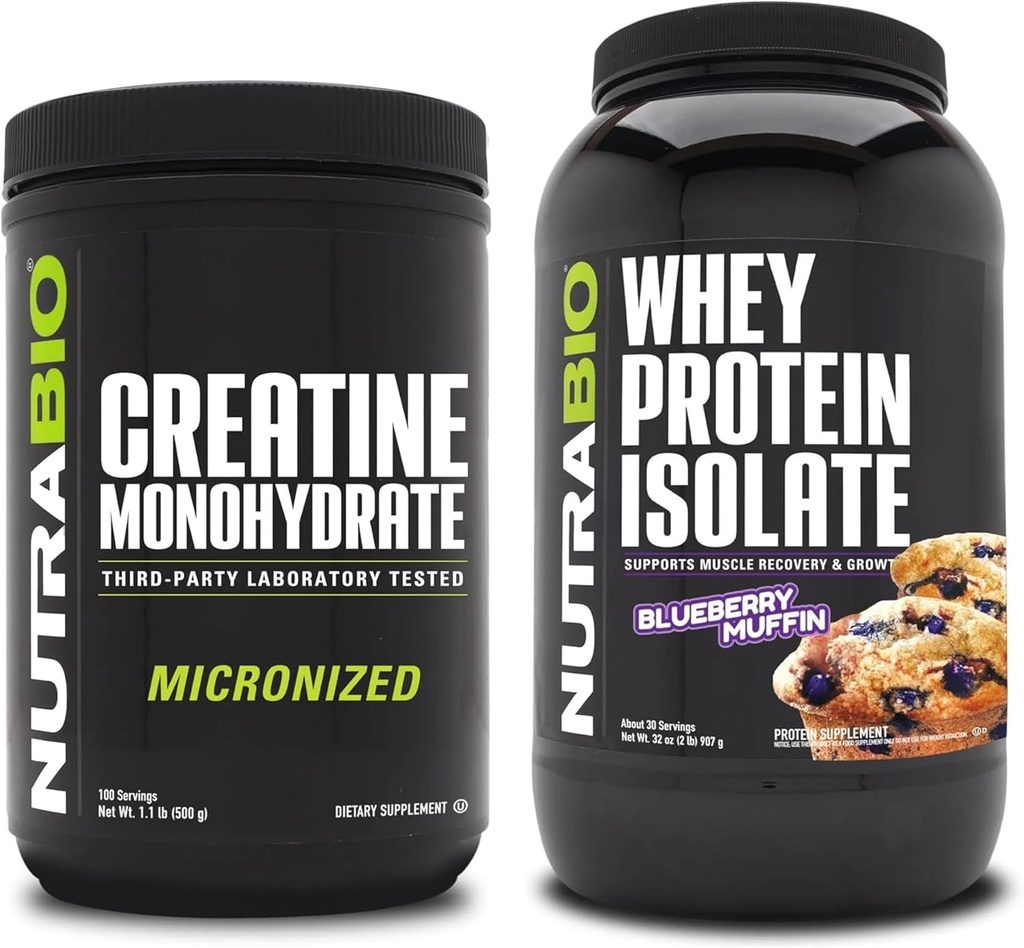 NutraBio Creatine Monohydrate, Unflavored, 500g 및 Whey Protein Isolate, Blueberry Muffin, 보충 번들 - 근육 에너지, Lean 근육 성장, 회복 및 힘
