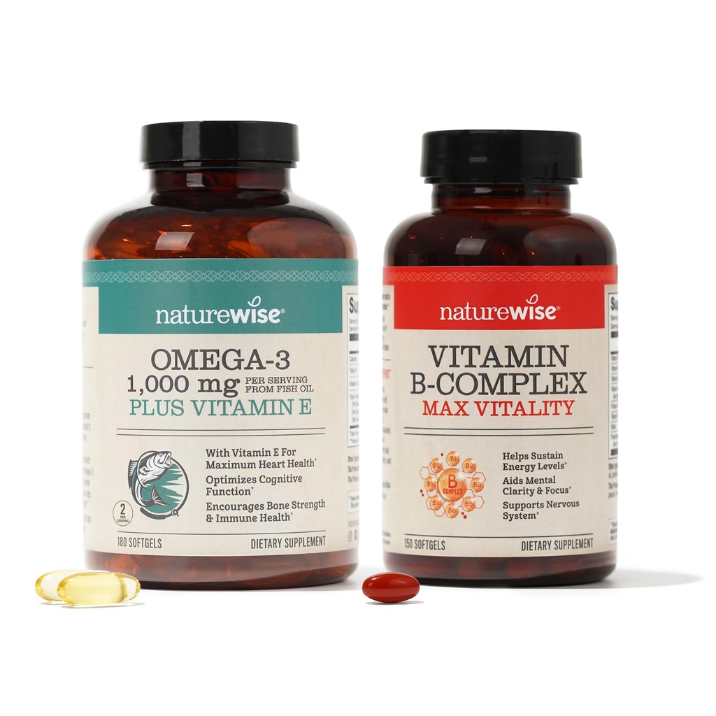 NatureWise 1000mg 오메가 3 600mg EPA 400mg DHA 비타민 E 180ct & 여성과 남성 150 Softgels를위한 비타민 B 복합체 [5 개월 공급]