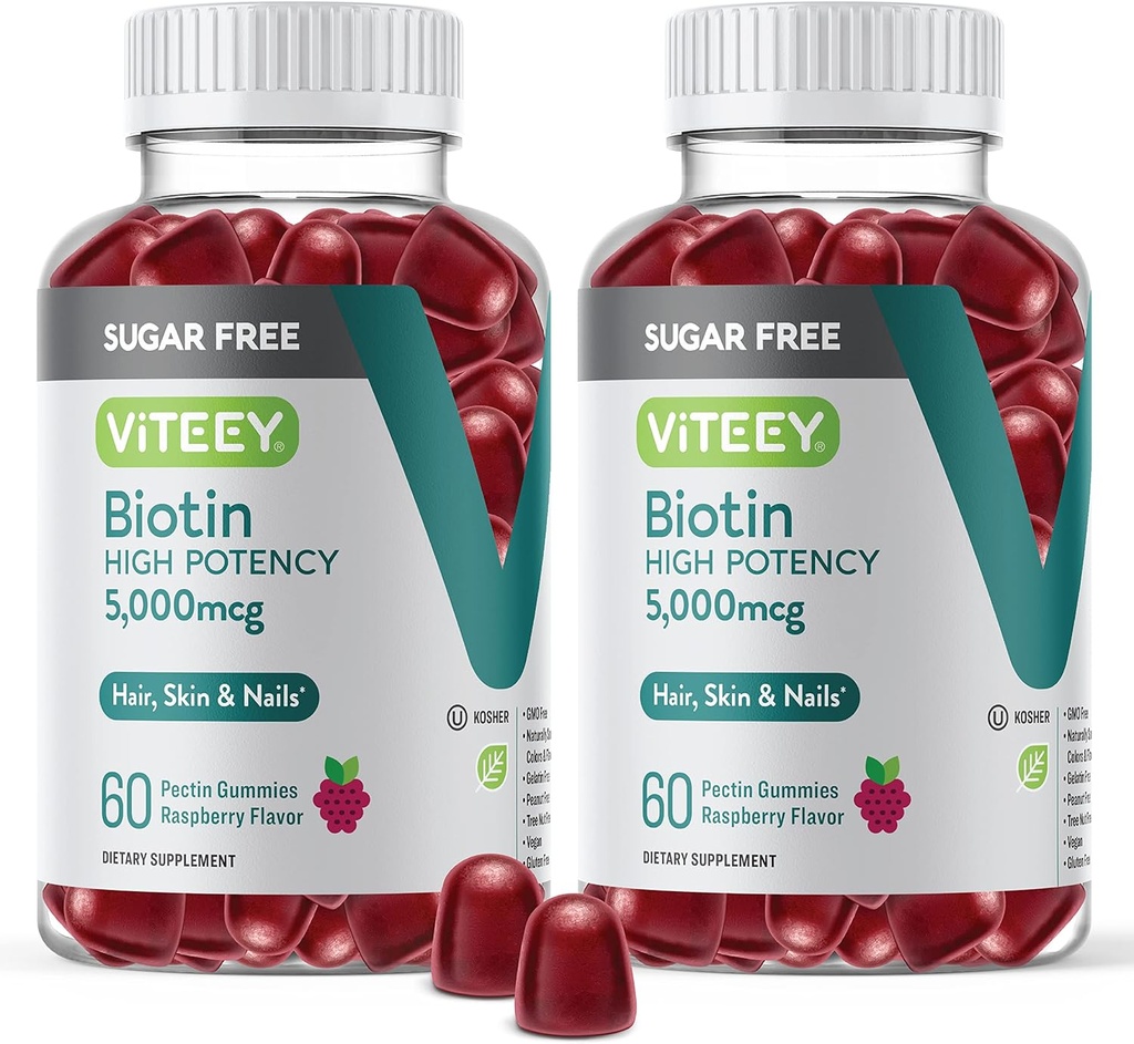 VITEEY Biotin Gummies 모발, 피부, 손톱 5,000mcg - 설탕 무료 - 헤어 성장 Gummies, 건강한 피부 Glow, 강한 건강한 손톱 성장 - Vegan, 글루텐 무료, 젤라틴 무료 - Chewable 라즈베리 맛