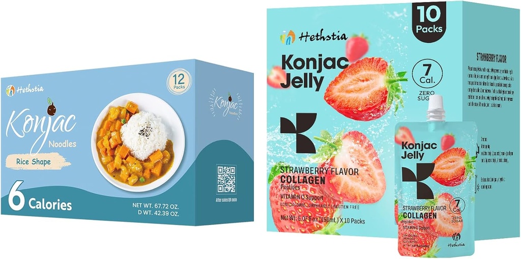 Hethstia Konjac 젤리 딸기 맛 Collagen 펩타이드 10 팩과 Konjac 쌀 글루텐 무료 12 팩 낮은 칼로리, 케토, 설탕 무료, 건강한 음식