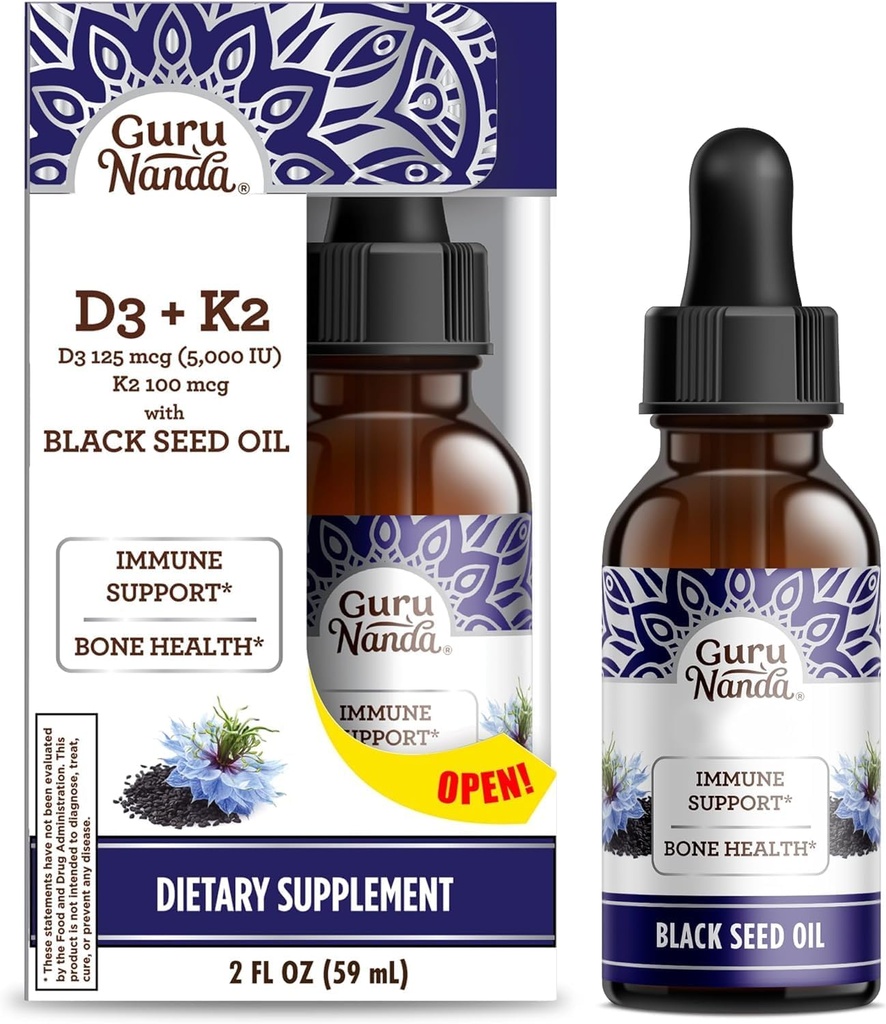 GuruNanda Wellness 번들 : Bacopa (1 Fl Oz)와 액체 Ashwagandha 초점 및 Relaxation 지원 및 비타민 D3, K2 및 E가있는 블랙 씨 오일 (2 Fl Oz) - Vegan & Non-GMO