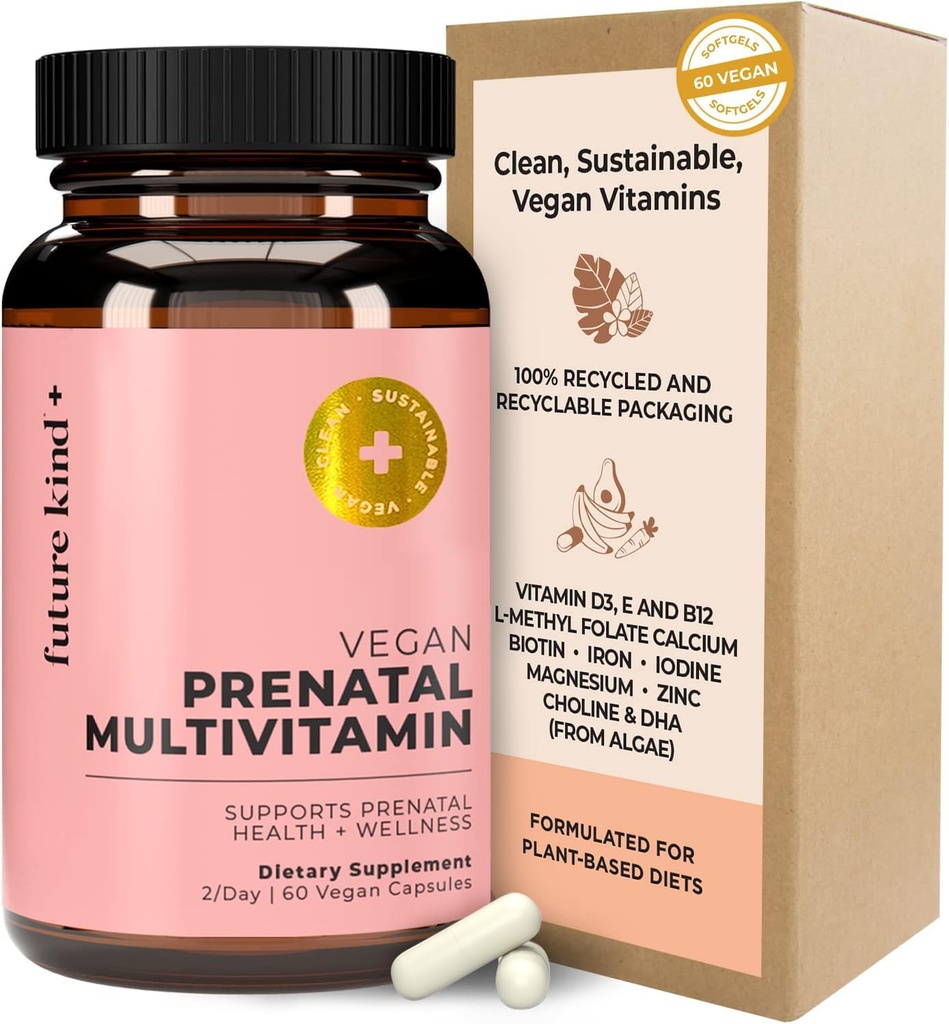 유리 병에 DHA 및 L-Methylfolate를 가진 미래 종류 Vegan Prenatal 비타민 - 비타민 D & E, 철 & Biotin를 가진 여자를 위한 Prenatal Folate 보충교재 - 글루텐 자유로운, 비 GMO (60ct)