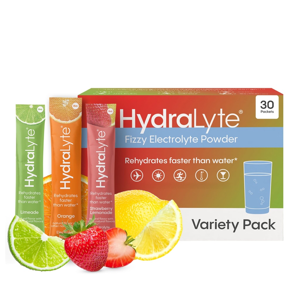 Hydralyte Low Sugar Rapid Rehydration - 가볍게 스파클링 일렉트로이트 파우더 패킷, 8 oz Serve | 다양한 Hydration Packets | 열, 여행, 운동 및 Bachelorette Parties (30 카운트)