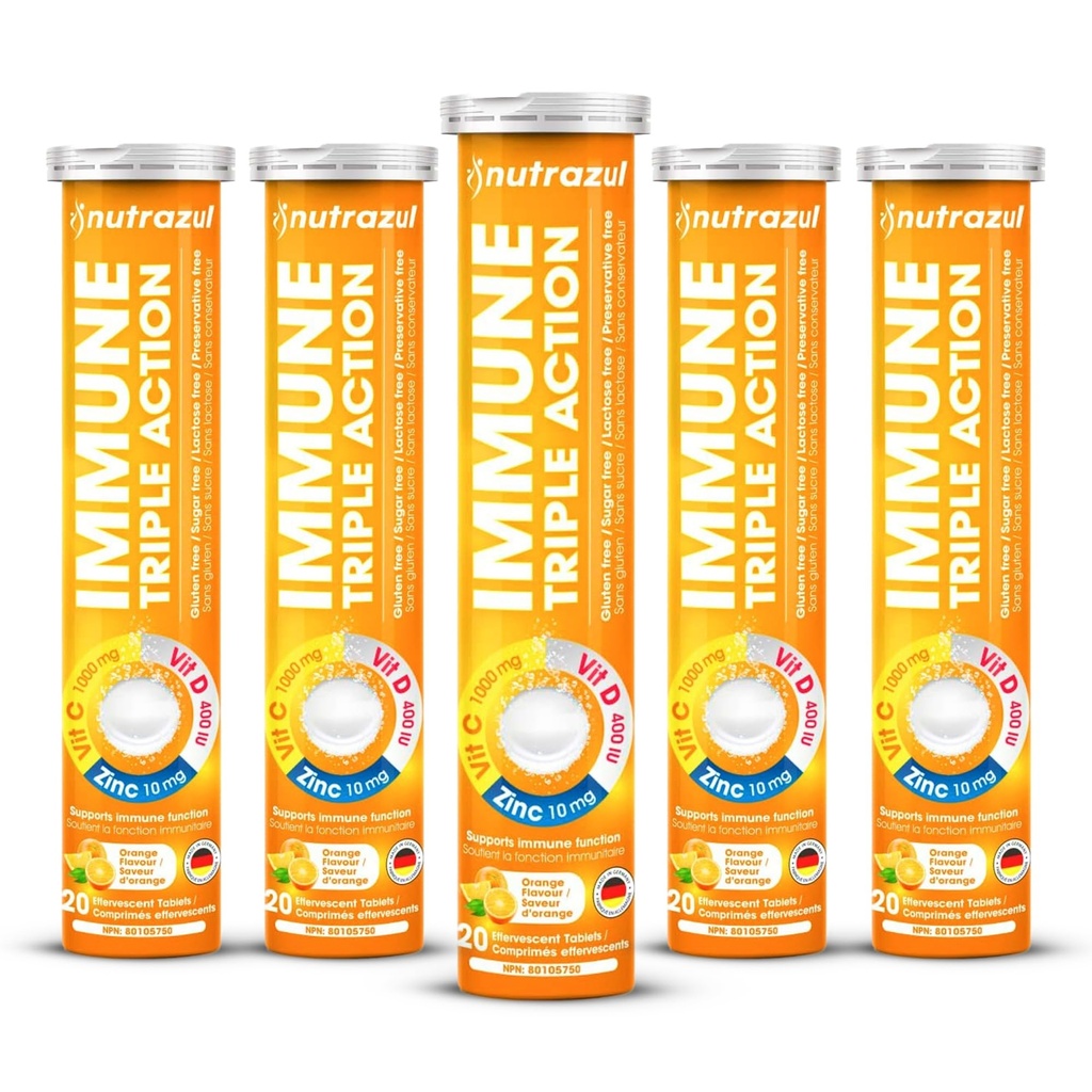 Vitaminrazul Immune Triple Action Effervescent Tablets with Vitamin C 1000mg, 비타민 D, 아연, 일일 루틴 지원, 글루텐 무료, 설탕 무료, 락토스 무료, 오렌지 맛, 20 정제 (5x20)