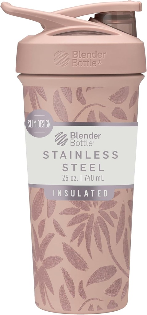 BlenderBottle Strada 플립 셰이커 컵은 철사 Whisk, 25 Ounce, 브라운 꽃과 스테인리스 물병을 격리했습니다
