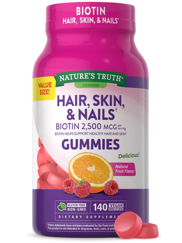 Nature's Truth Hair, Skin, Nails Gummies | 바이오틴 | 140 개 | 과일 맛 | Vegan, Non-GMO, Gluten Free Vitamin for Men and Women