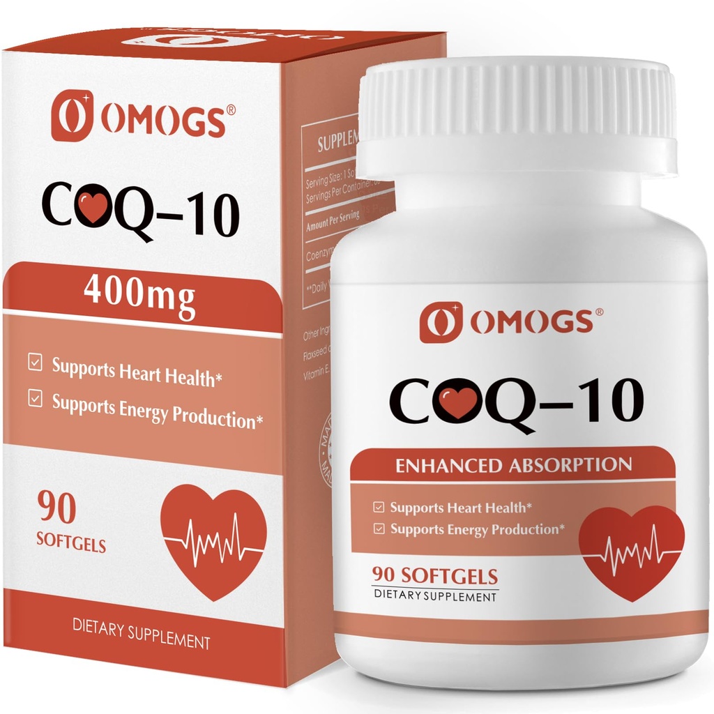 OMOGS CoQ10 400mg Softgels의 Coenzyme Q10 높은 흡수 보충교재 지원 심장 건강, 심장 혈관 건강, 면역 체계 & 세포질 에너지 생산, 글루텐 자유로운, 90 Softgels