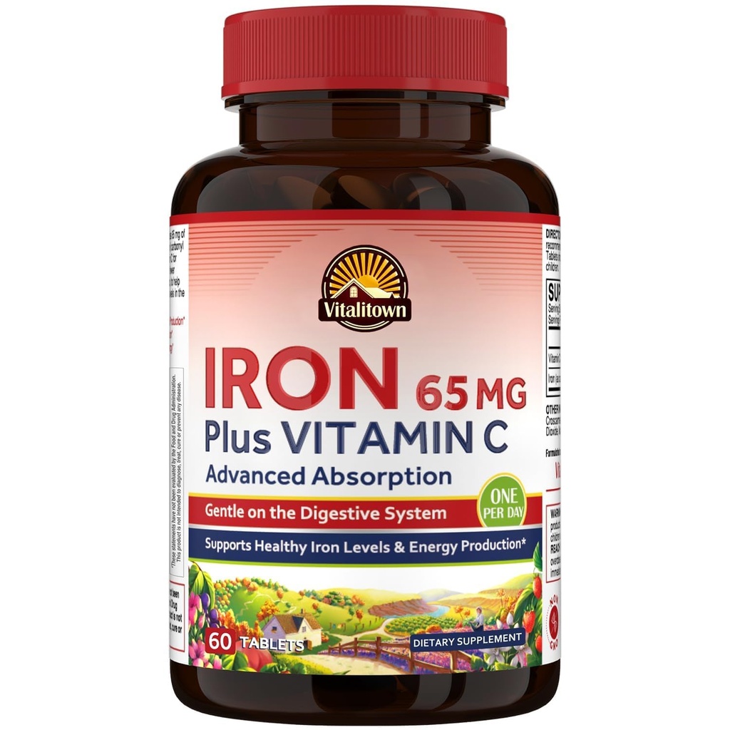 여성 남자를 위한 Vitalitown 철 보충교재, 비타민 C 250mg를 가진 Hign 힘 65mg 철, 더 적은 변비, 혈액 건물 & 에너지 개선을 위한 더 나은, 글루텐 없음, 비 GMO 60 Vegan 철 알약