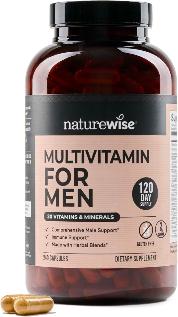 NatureWise Multivitamin for Men - 매일 남성 지원 - 에너지, 성능, 면역성을 위한 미네랄 & 허브 - 비타민 A, C, D, B 복합체 - Soy & 글루텐 프리, 비 GMO - 240 캡슐[6-달 공급]