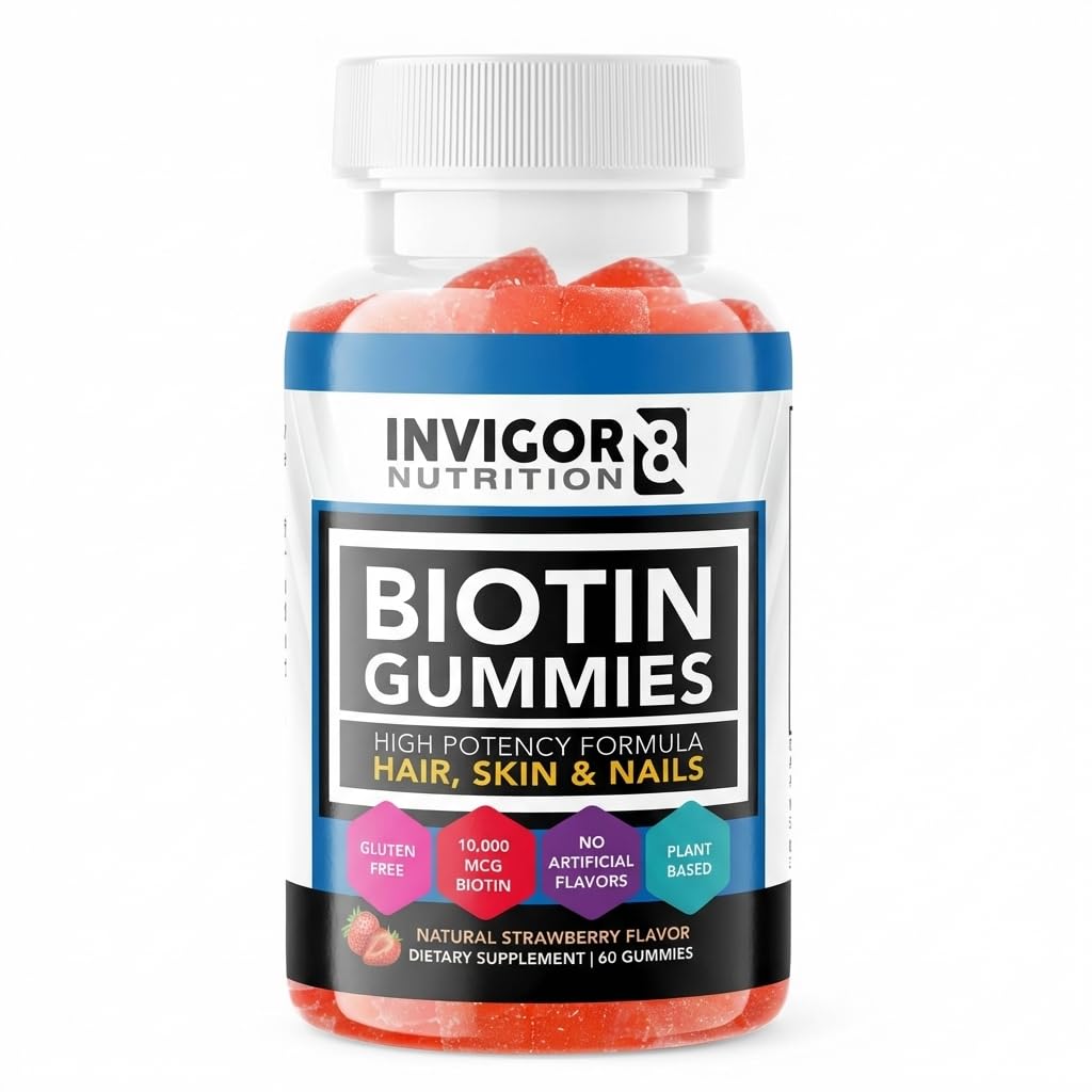 INVIGOR8 Biotin Gummies 10000mcg | 헤어 스킨 네일 비타민 여성 남성용 Biotin 보충 5000mcg x2 | Vegan Kosher Halal | 딸기 맛 | 60