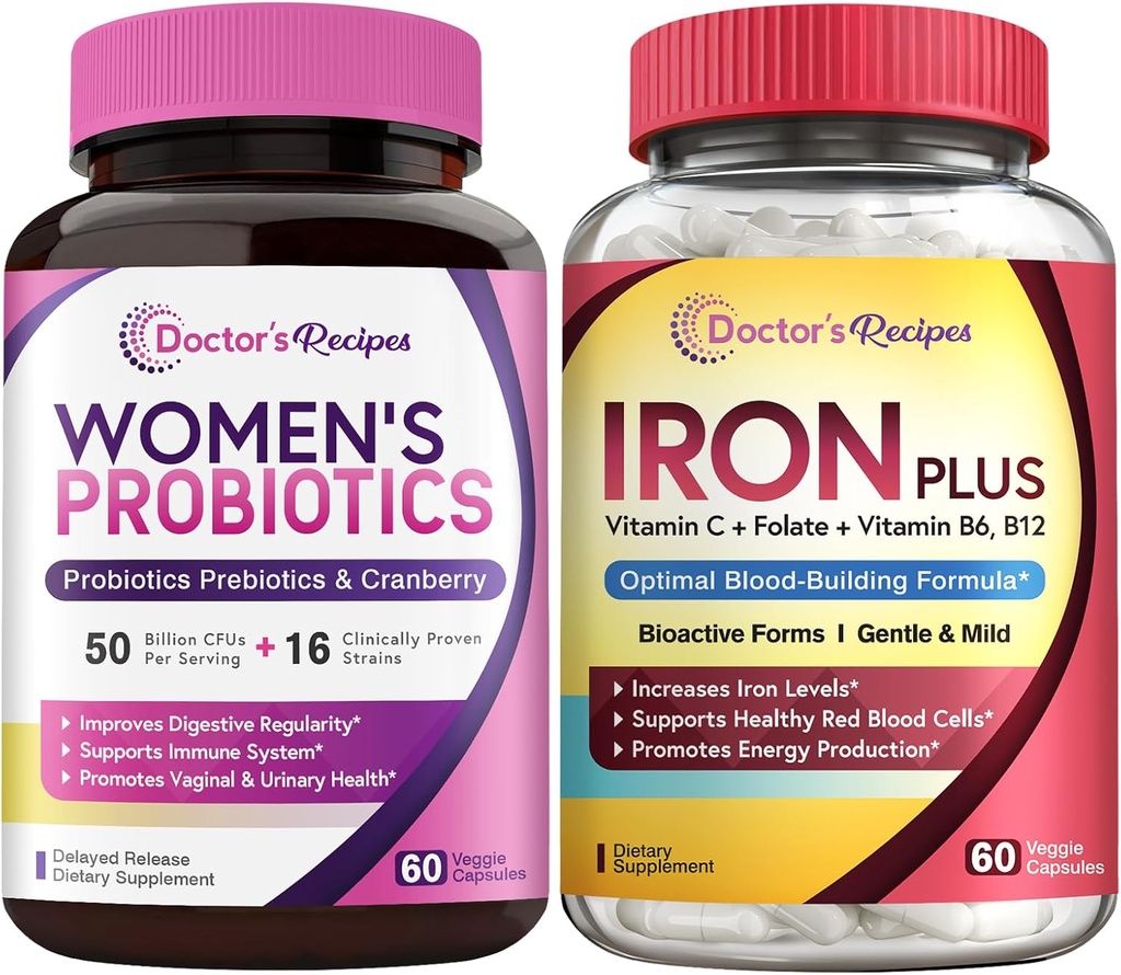 의사의 조리법 여자의 Probiotic & Iron Plus Bundle, Feminine Health & Blood Support, Probiotic 캡슐 60ct & Iron Capsules 60ct