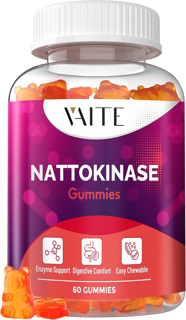 VAITE Nattokinase 보충교재 2000 FU (Fibrinolytic 단위) 100mg - 효소 보충교재, 채식주의자 공식, 지원 건강, 두 배 힘, 비 GMO, 콩 자유로운, 글루텐, 60 채식주의자 Gummies