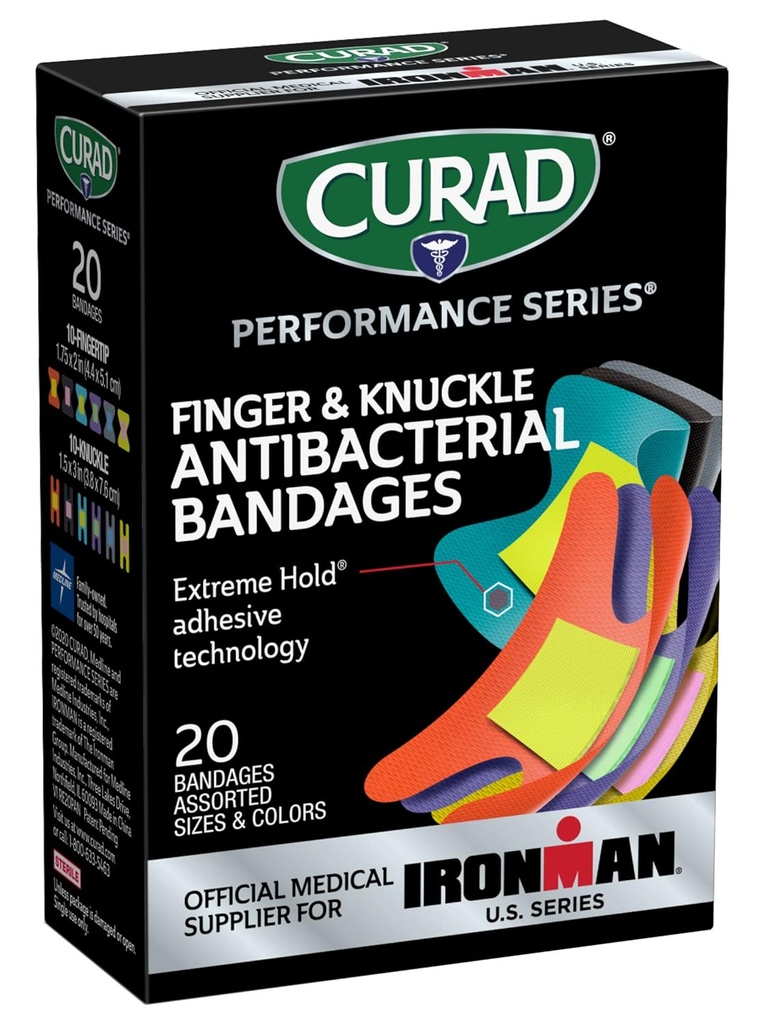 CURAD 성과 시리즈 IRONMAN 항균 붕대, 극단적인 파악 접착제 기술, 손가락 & Knuckle 붕대, 가동 가능한 직물, 배열된 크기 & 색깔을 가진 다양성 팩, 20 조사