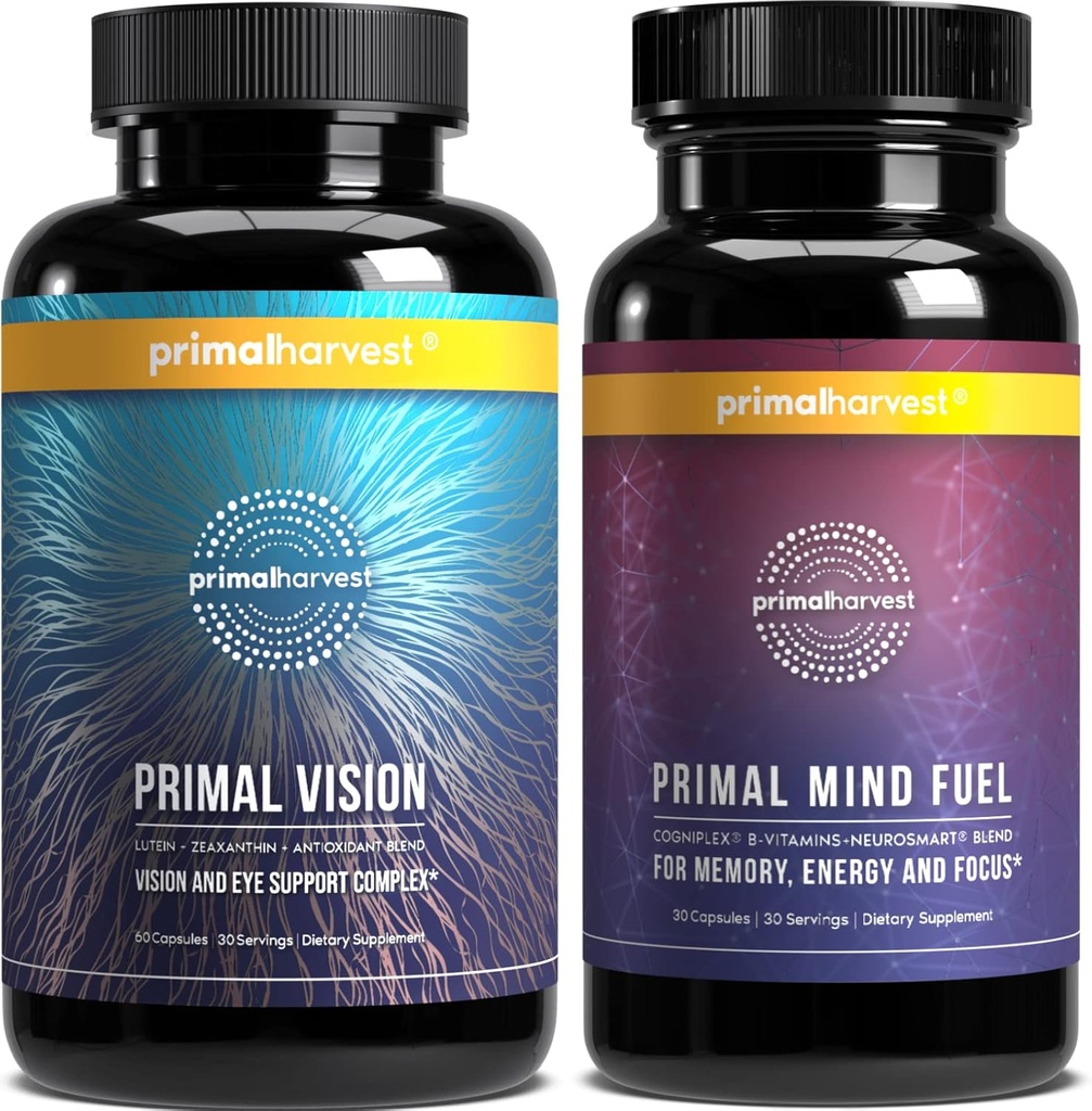 Primal Harvest Brain Boost & Vision는 Lutein, Zeaxanthin Bundle과 여성 및 남성 비전 및 눈 지원 복합체를위한 보충제입니다.
