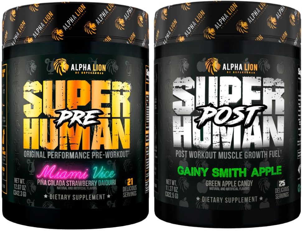 ALPHA LION Superhuman Pre 운동 분말 및 포스트 운동 회복 번들 (Miami Vice & Gainy Smith Apple)
