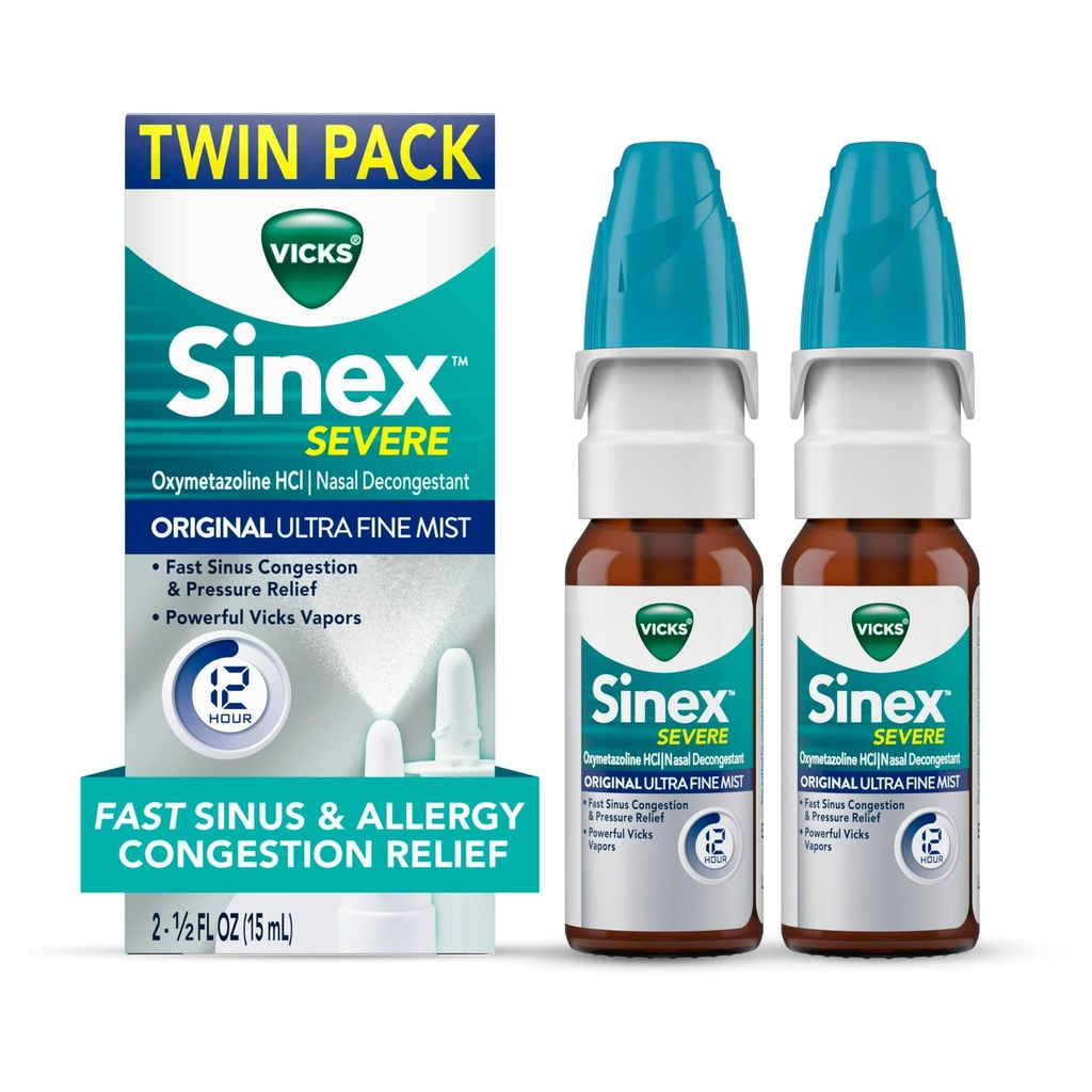 Vicks Sinex SEVERE Allergy & Sinus Nasal Spray, Original Ultra Fine Mist, Decongestant Medicine, 콜드 또는 알레르기, Sinus Pressure Relief, 265 스프레이 x 2로 인해 Nasal Congestion의 구호