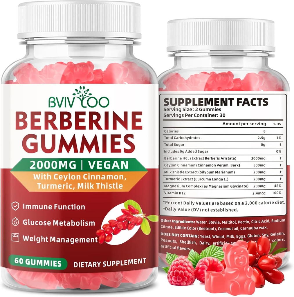 우수한 Berberine Gummies, 2000mg 높은 Potency Berberine HCI 보충교재, 플러스 Ceylon Cinnamon, 여성 & 남자를 위한 우유 이틀, 면역 체계 & 대사 지원 - 60 Gummies