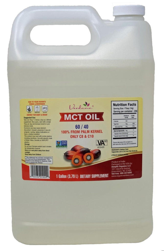 Verdana 음식 급료 MCT 기름 – 1개 갤런 (128 Fl Oz) – 우수한 C8/C10 Triglycerides – Keto & Paleo 친절한 – 비 GMO, Kosher – 에너지, 스포츠 영양, Aromatherapy & 안마를 위한 믿을 수 있는 상표