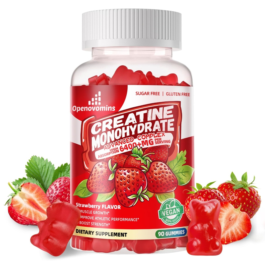 Creatine Monohydrate Gummies Complex for Men & Women - 고급 공식 W/L-Taurine + 비타민 B12, 설탕 무료 Chewable 보충교재, 90 딸기 Gummies