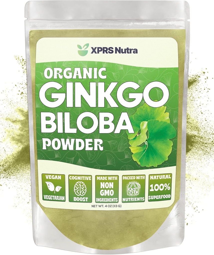 XPRS Nutra 유기 Ginkgo Biloba 분말 - Cognition을위한 Gingko Biloba 보충제 - Vegan Friendly Ginkoba Biloba 유기 - 면역 부스트 Ginkgo Biloba 분말 (4 oz)