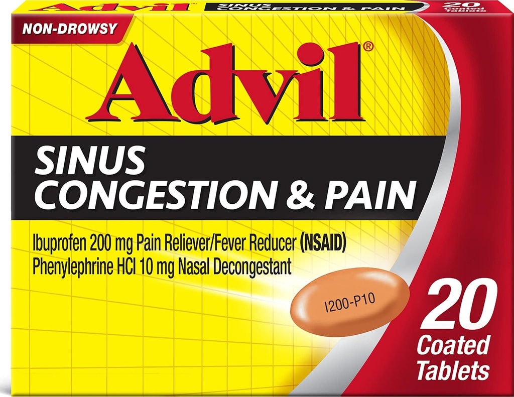 Advil Sinus Congestion 및 통증, Sinus 구호 약, 통증 Reliever 및 Ibuprofen 및 Phenylephrine HCl과 Fever 흡진기 - 20 코팅 정제