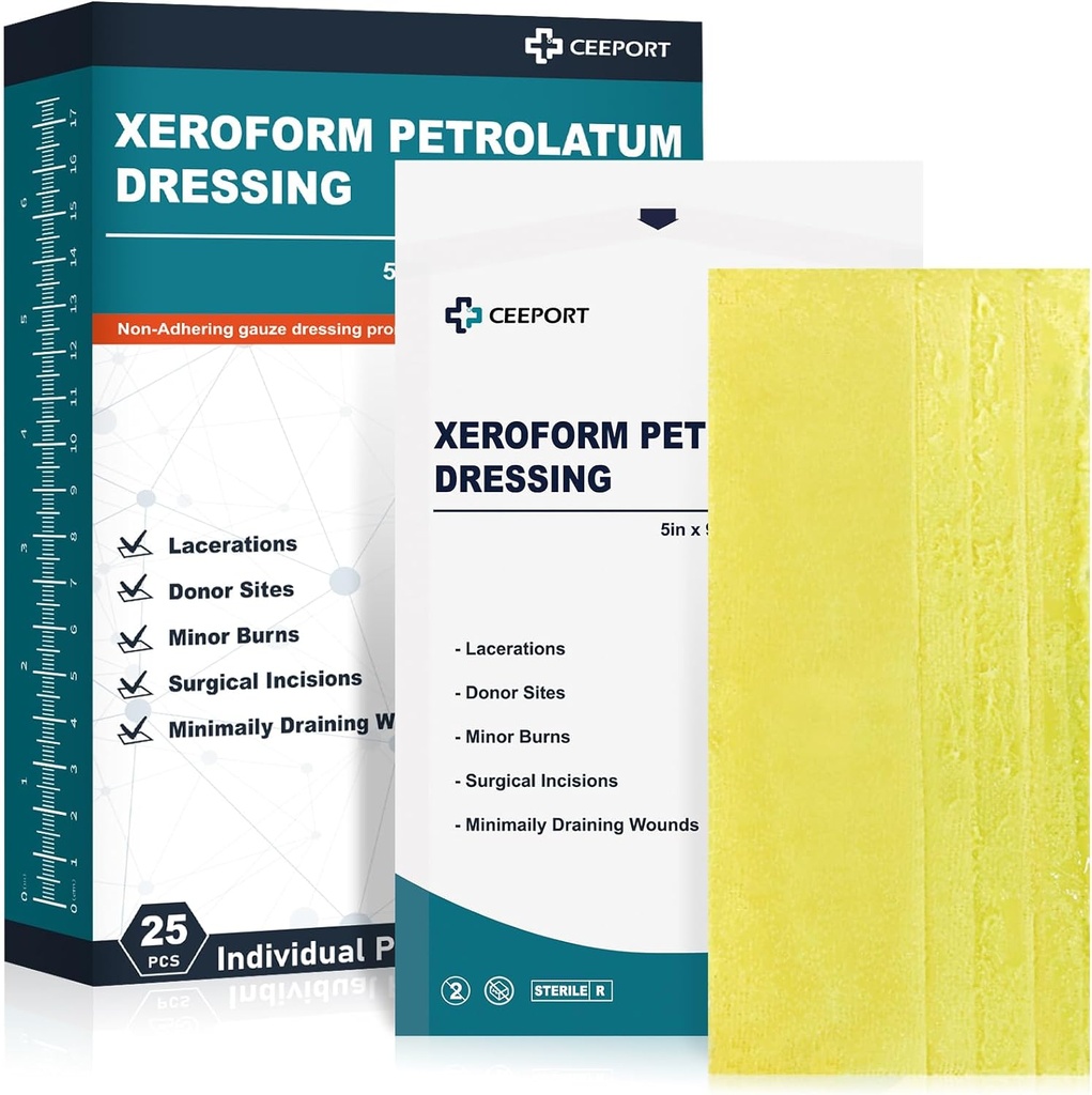 의료 Xeroform Petrolatum Dressing 5x9 - 비 Adherent Gauze 패드 스트립, Wound Care, Burns, Laceration, & Skin Grafts를위한 정밀한 메쉬 가제트 패치 공급 (25 포장)