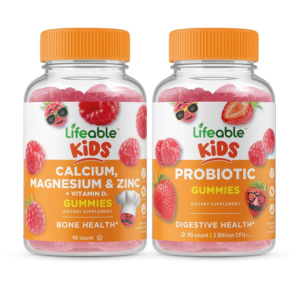 Lifeable 칼슘 마그네슘 & 아연 아이 + Probiotic 2 억 CFU 어린이, Gummies 번들 - 훌륭한 타스팅, 비타민 보충, 글루텐 무료, GMO 무료, Chewable Gummy