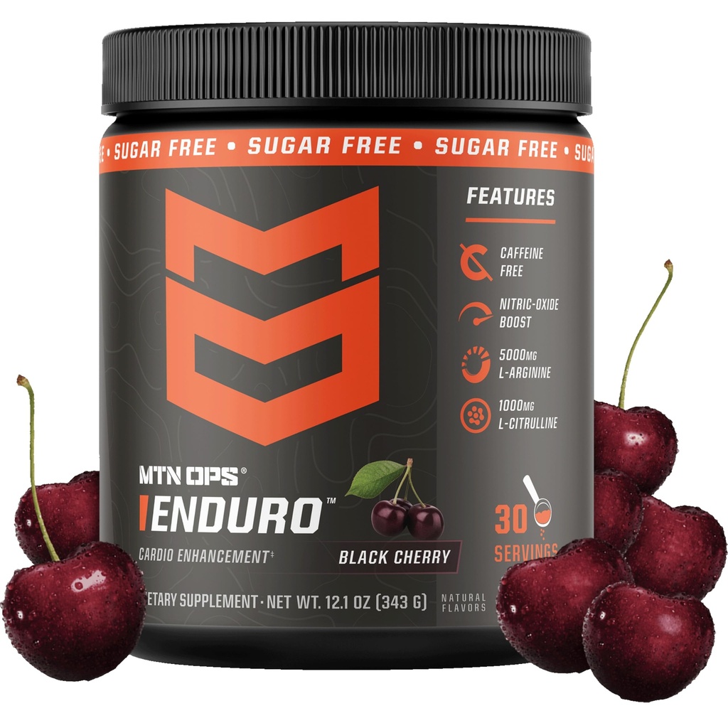 MTN OPS Enduro Nitric 산화물 자극 자유로운 전 운동 | 마그네슘 구연산염, L 아르기닌 & L Citrulline Caffeine 자유로운 Preworkout | 30 서빙 블랙 버찌