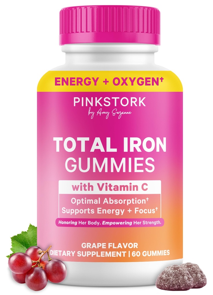 여성을위한 핑크 Stork Prenatal Iron Supplement Gummies - 비타민 C 20 mg - 결핍, 에너지, 및 혈액 빌더를위한 포도 Chewable - 60 Gummy Chews