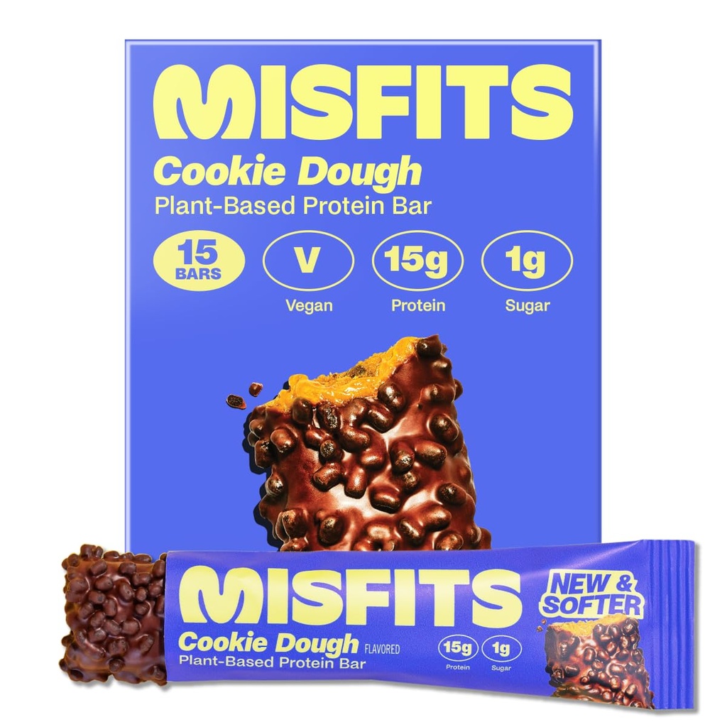 Misfit Vegan Protein Bar, 쿠키 반죽 - 업데이트 된 레시피 | 공장 기반, 낮은 설탕 및 캐비넷, 높은 섬유 스낵 | 15 팩