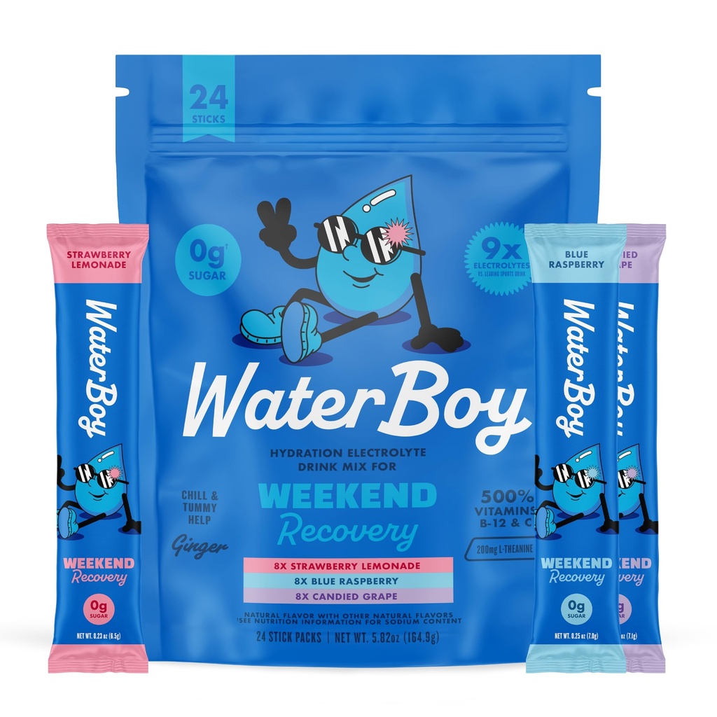 Waterboy 주말 복구 다양성 | 3,200mg Electrolyte Powder Packets | Ginger + L-Theanine + Vitamin | No Sugar, All Natural, Gluten Free | 24 Drink Stick Mixs (Variety Pack)