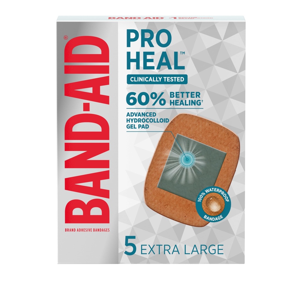 Band-Aid Brand Pro Heal Hydrocolloid Gel Pads, Minor Wounds, Sterile First Aid Bandages, 5ct의 더 나은 치유를위한 추가 대형 방수 붕대