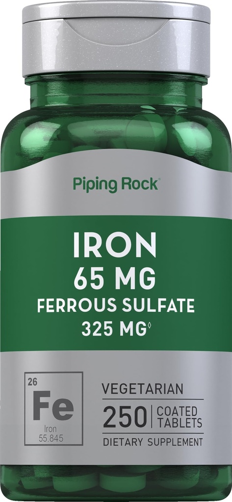 배관 바위 철 철 황산 65 mg | 250 정제 | 철 보충교재 | 높은 효능 공식 | 채식주의, 비 GMO, 글루텐 무료