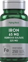 배관 바위 철 철 황산 65 mg | 250 정제 | 철 보충교재 | 높은 효능 공식 | 채식주의, 비 GMO, 글루텐 무료