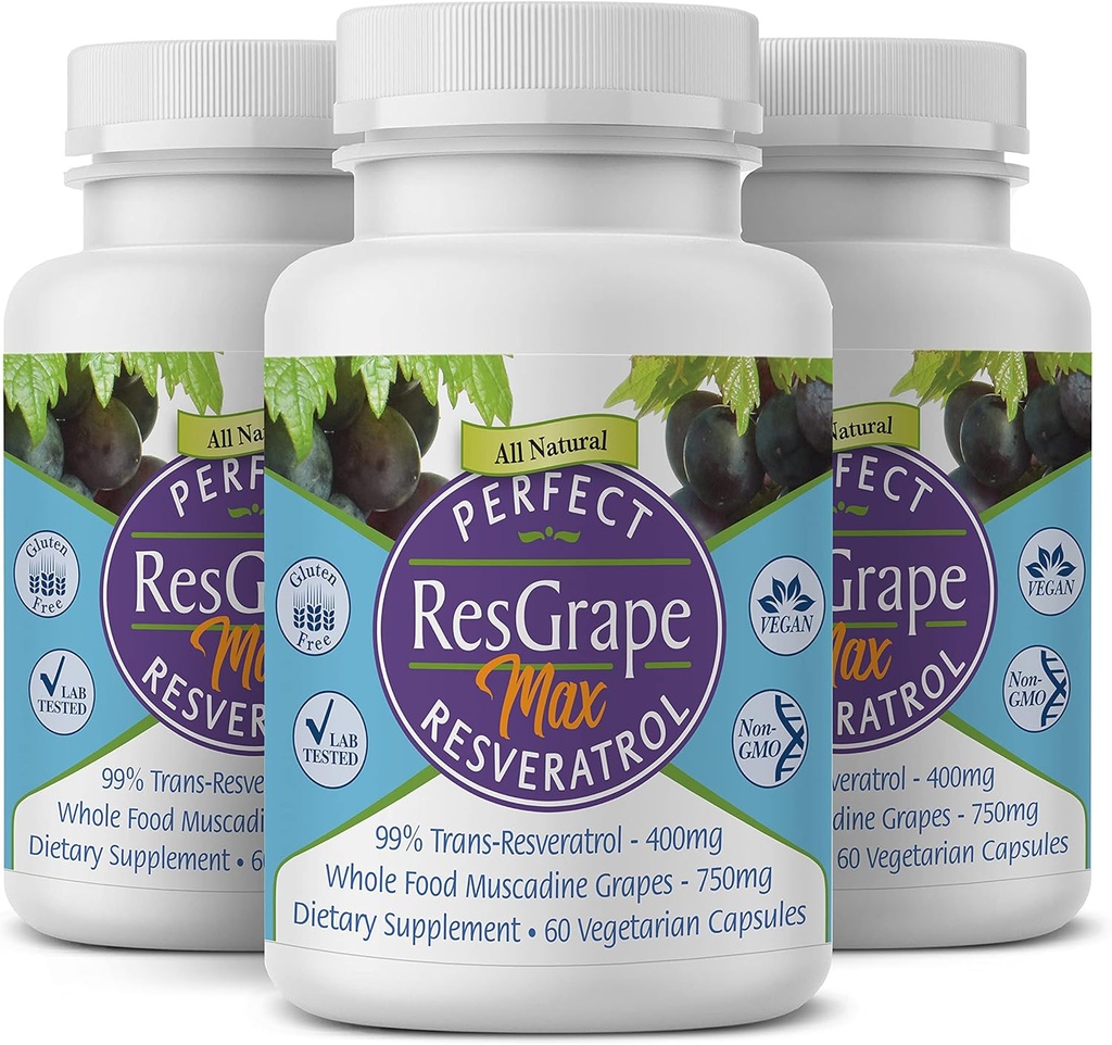 완벽한 ResGrape 최대, 병 당 60의 식물성 캡슐 (3) ~ 99% Trans-Resveratrol & Muscadine 포도 ~ 노화 방지 보충교재 & 유력한 산화 방지제