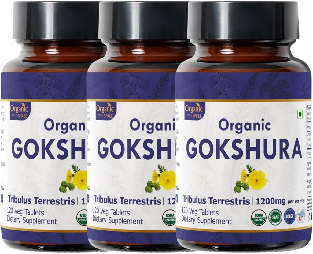 Gokshura 120 정제 | Tribulus Terrestris (Gokshura) | USDA 유기농 인증 | 면역력과 강도 지원 | 유기농 및 천연 120tab - 팩 3