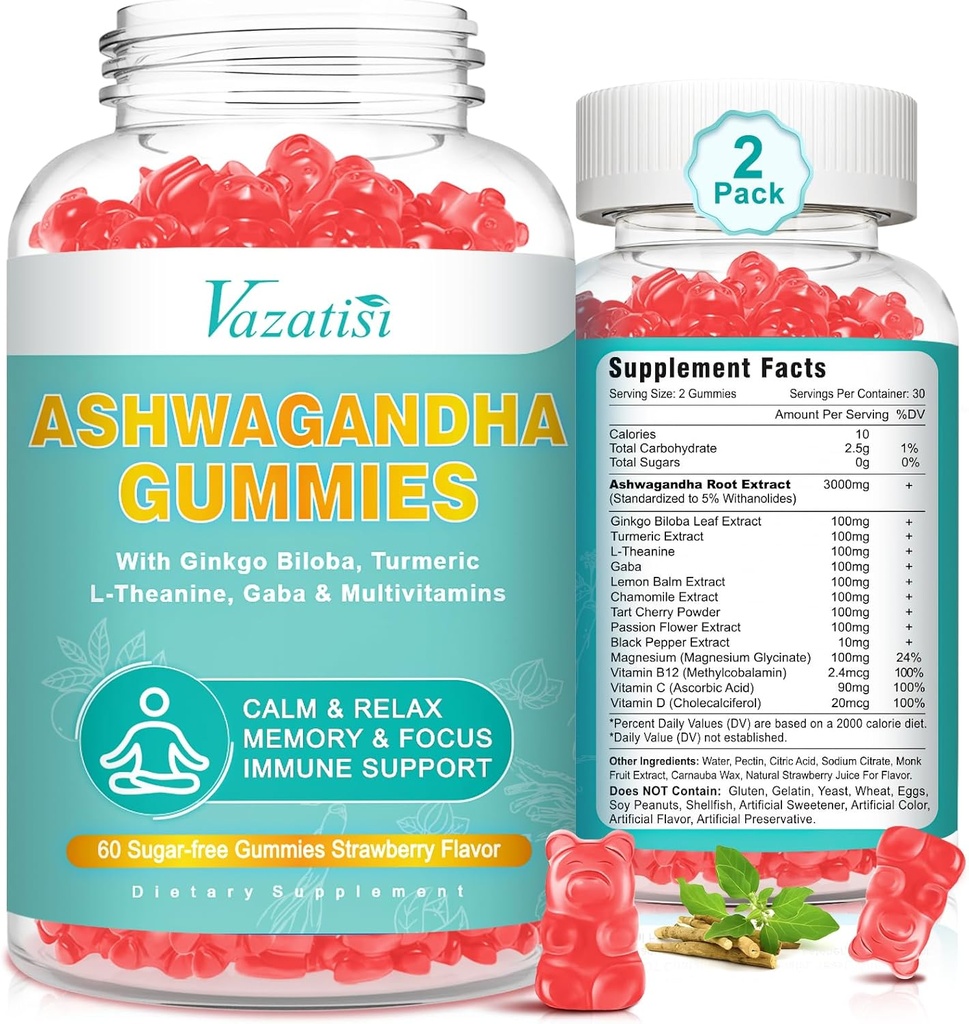 Turmeric GABA 계류 에너지와 면역 지원, 딸기 풍미 120 Cts를 가진 2 팩 Ashwagandha Gummies
