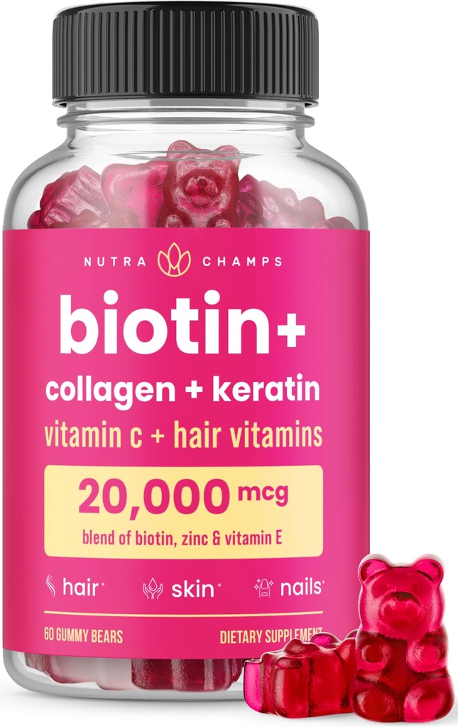 NutraChamps Hair Skin & Nails Gummies | 교원질과 케라틴을 함유한 바이오틴 | 5000mcg Biotin Beauty Complex | 여성용 비타민 보충 | Berry | 건강한 머리, 레이디 피부 & 강한 손톱