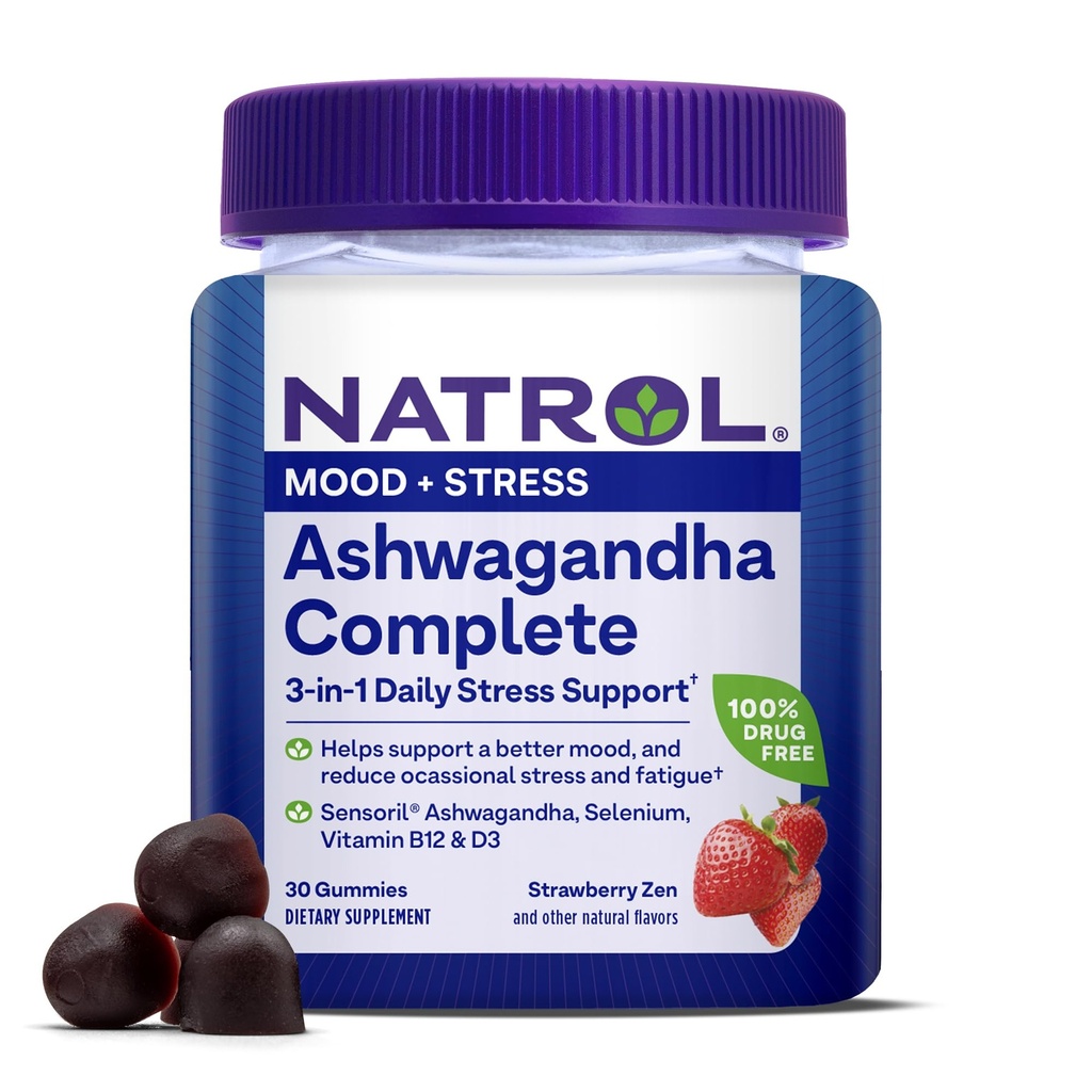 Natrol Ashwagandha Complete Gummy, 3-in-1 Daily Stress Supports Better Mood, Occasional Stress and Fatigue, 30 Gummies, 최대 15 일 공급