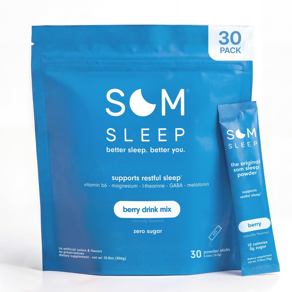 Som Sleep, Calm Sleep Powder Drink Mix, 3mg Melatonin, 마그네슘, 비타민 B6, L-Theanine & GABA - Vegan, Keto Friendly - Zero Sugar Berry, 30-Pack
