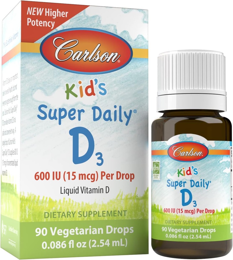 Carlson Kid의 슈퍼 매일 D3, 600 IU (15 mcg) 드롭 당 – 액체 비타민 D는 아이, 90 Drops (2.54 mL), 채식주의, 비난