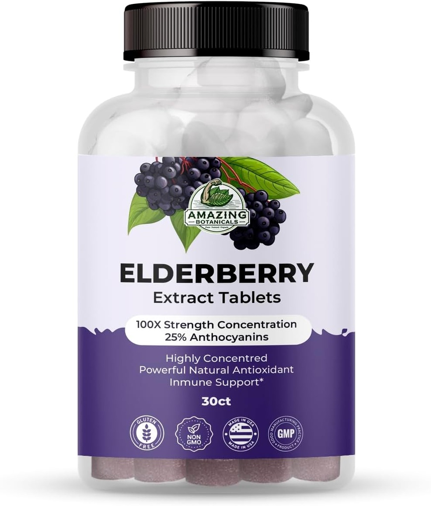 놀라운 식물 Elderberry 추출 100X 강도 정제 - 유기 면역 지원 및 웰빙 보충 | 30 정제