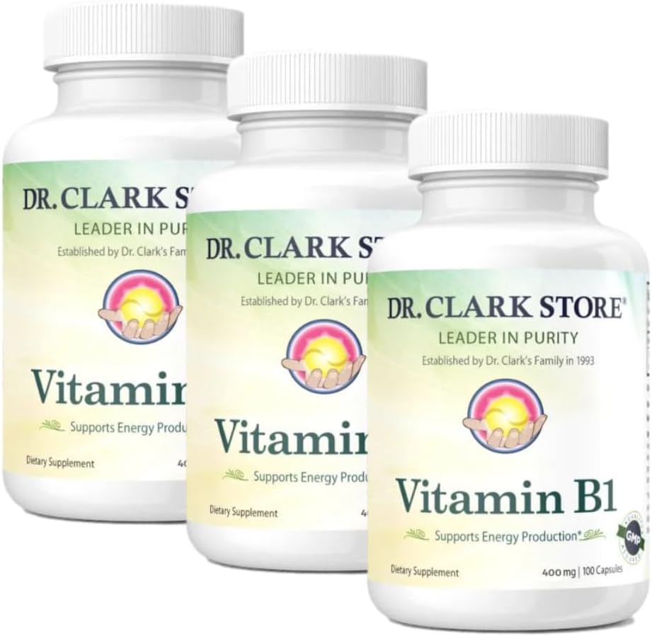 Bernard Jensen의 Dr. Clark Store 비타민 B1 Thiamine 500mg 보충 - 건강한 신경 체계 & 에너지 대사, 글루텐 자유로운 글루텐 자유로운, Dairy를 위한 Thiamine B1 보충교재 - 100 젤라틴 캡슐 3Pack