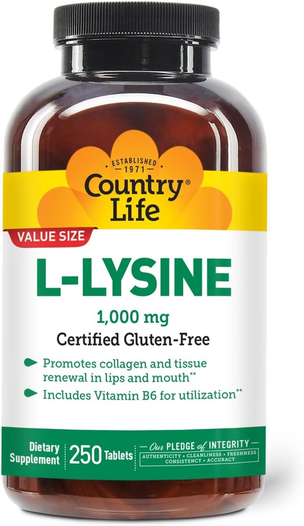 B-6를 가진 국가 생활 L 리진 1000mg, Immune 건강을 지원하고십시오, 입술과 입, 250-Count, 증명한 글루텐 자유로운, 증명한 채식주의자에 있는 교원질 재생을 승진시킵니다