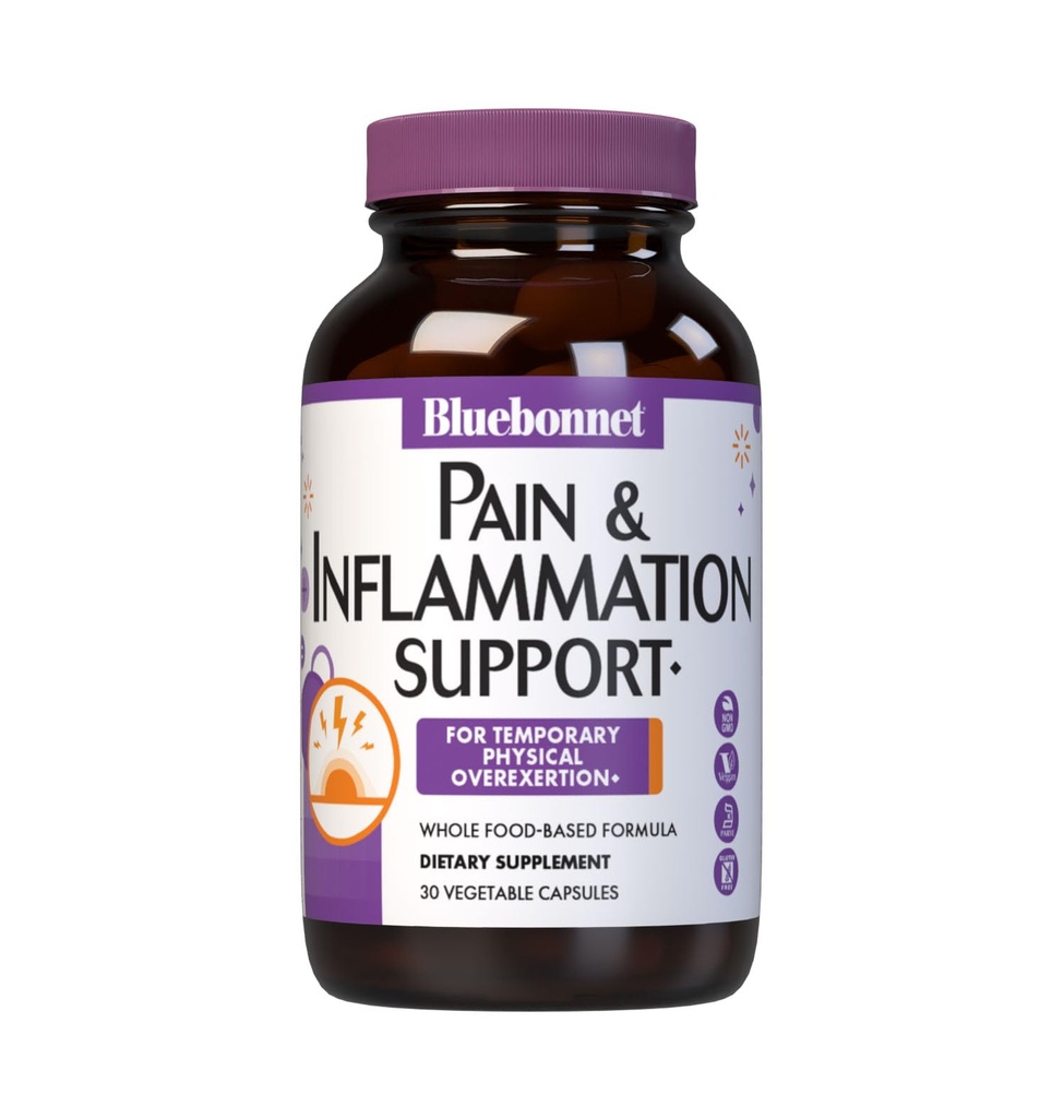Bluebonnet Nutrition Pain & Inflammation Support, 임시 물리적 과외*, Non-GMO, Vegan, Kosher Certified, Gluten-Free, Soy-Free, Dairy-Free, 30 야채 캡슐, 30 서빙