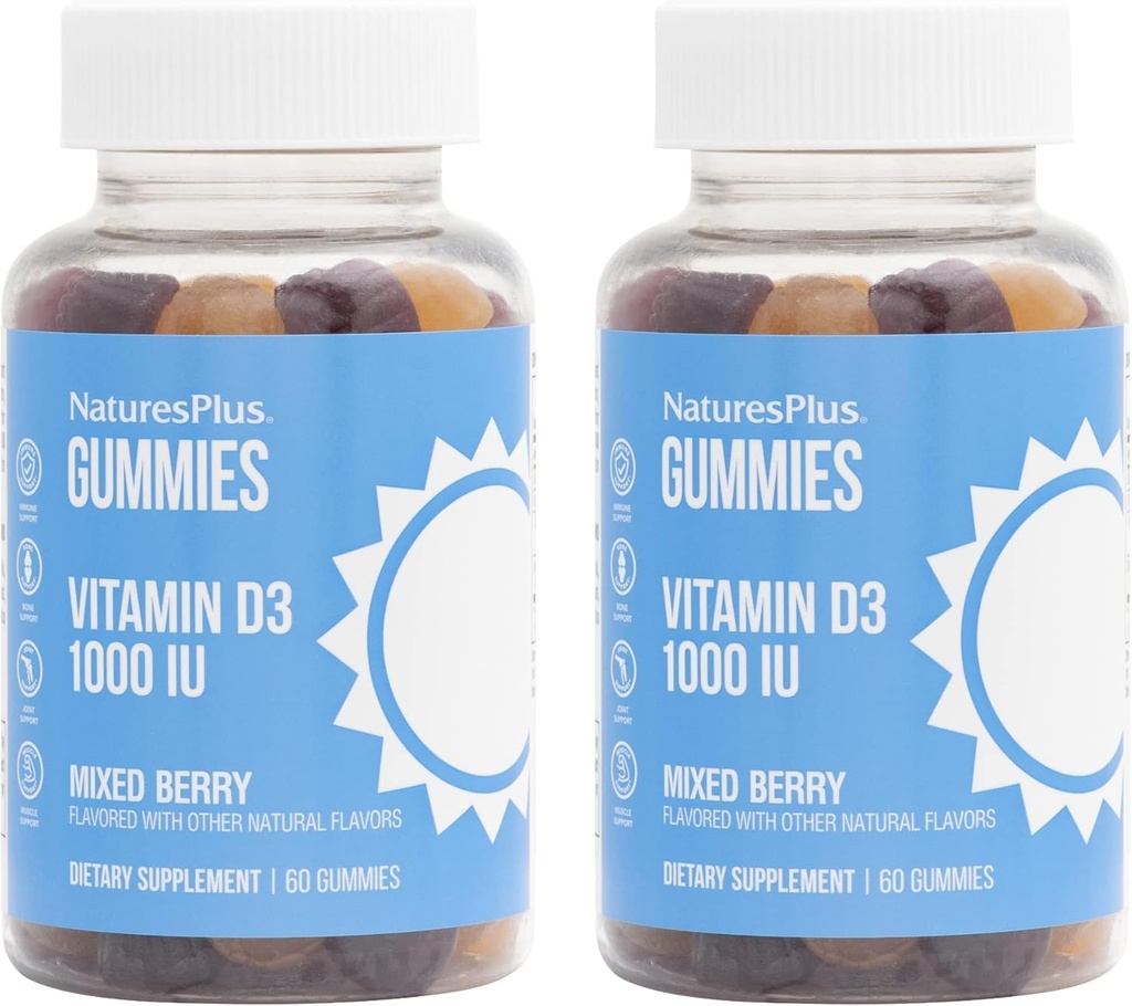 NaturesPlus Gummies 비타민 D3 1000 IU, 혼합 Berry - 60 Gummies, 2 팩 - Bone Health & Immune 기능을 홍보 - Vegan, Gluten Free, Non-GMO - 120 총 서빙