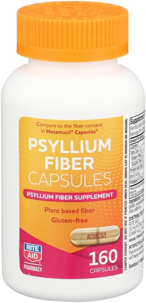 Rite Aid Psyllium Fiber Capsules, 160 Count, Psyllium Fiber Supplement, | 변비 완화 | 100 % 천연 Psyllium Husk Fiber | 자주하는 질문 | 소화 건강 증진